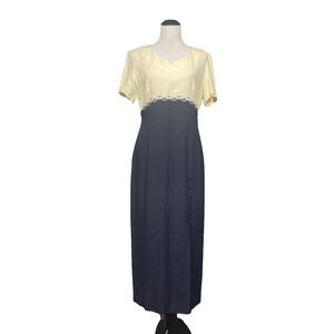 Vtg Helene Blake Empire Waist Maxi Dress Sz 11/12 Navy Yellow Classic 90s Formal
